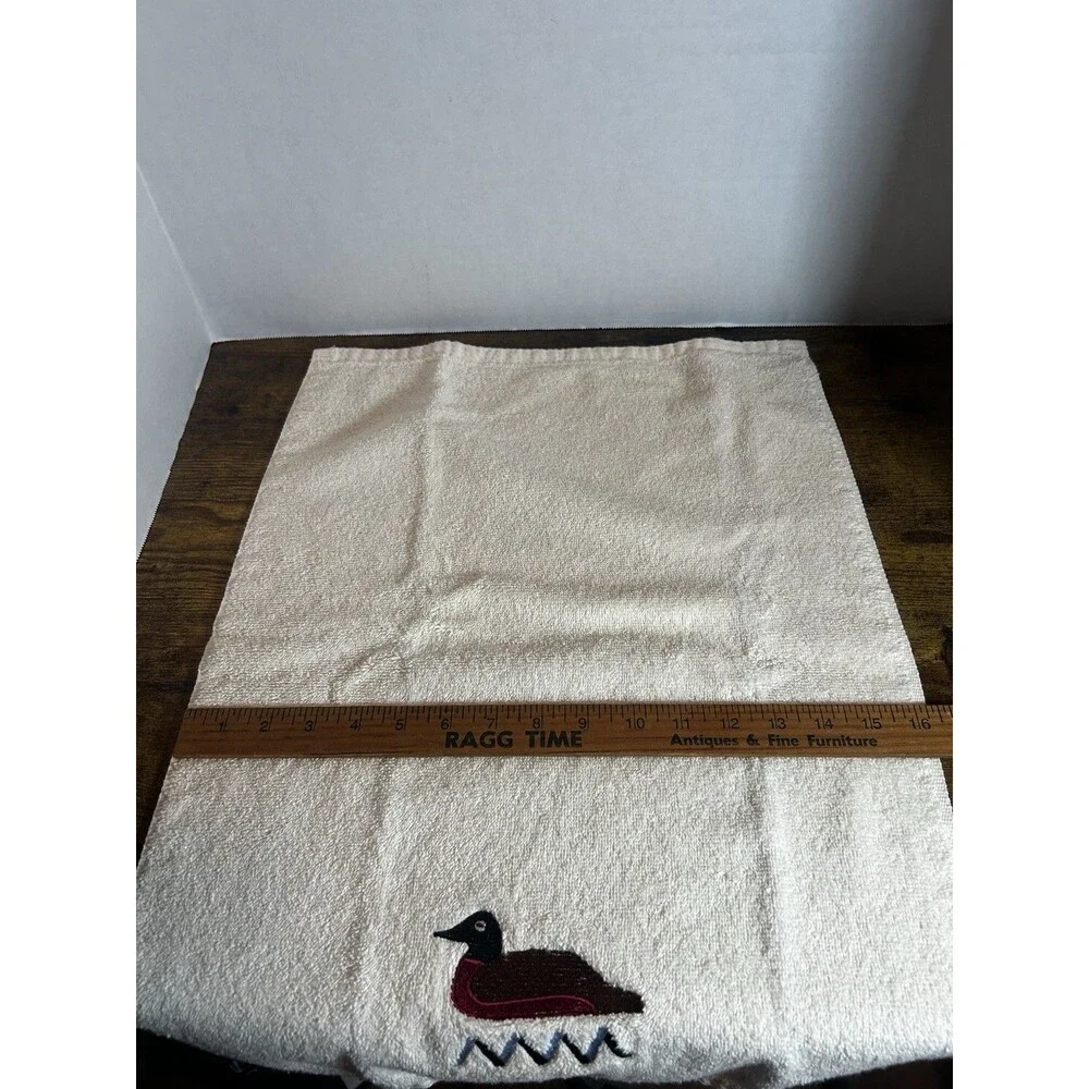 Vintage Beige Embroidered Duck Loon Hand Towels Set-2 Cannon Mills USA Cotton